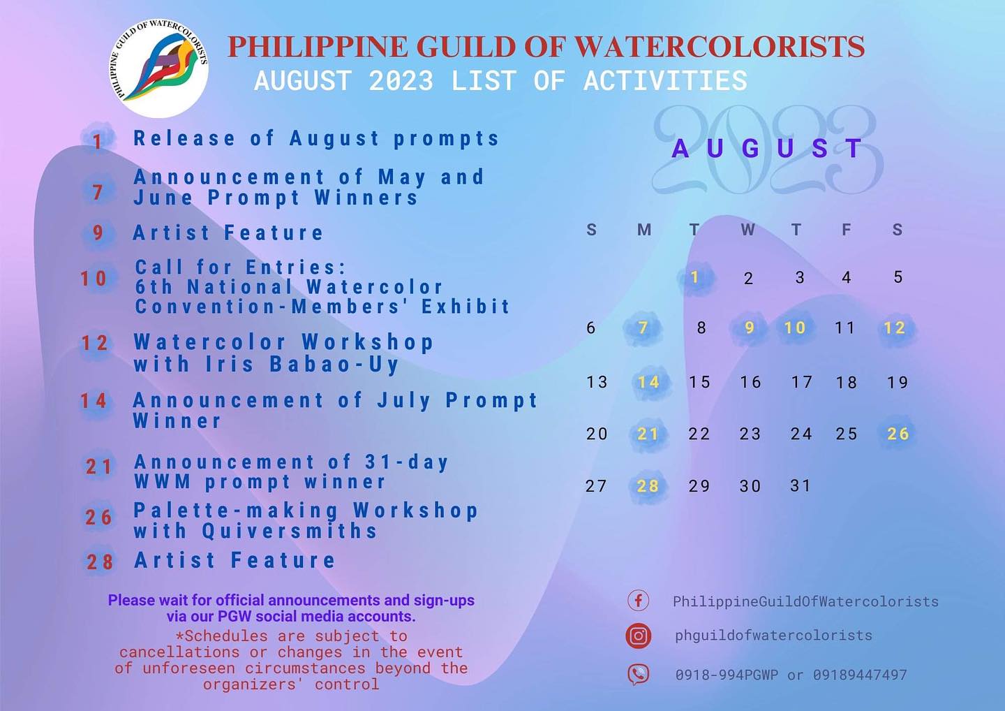 AUGUST 2023 CALENDAR OF ACTIVITIES Philippine Guild Of Watercolorists